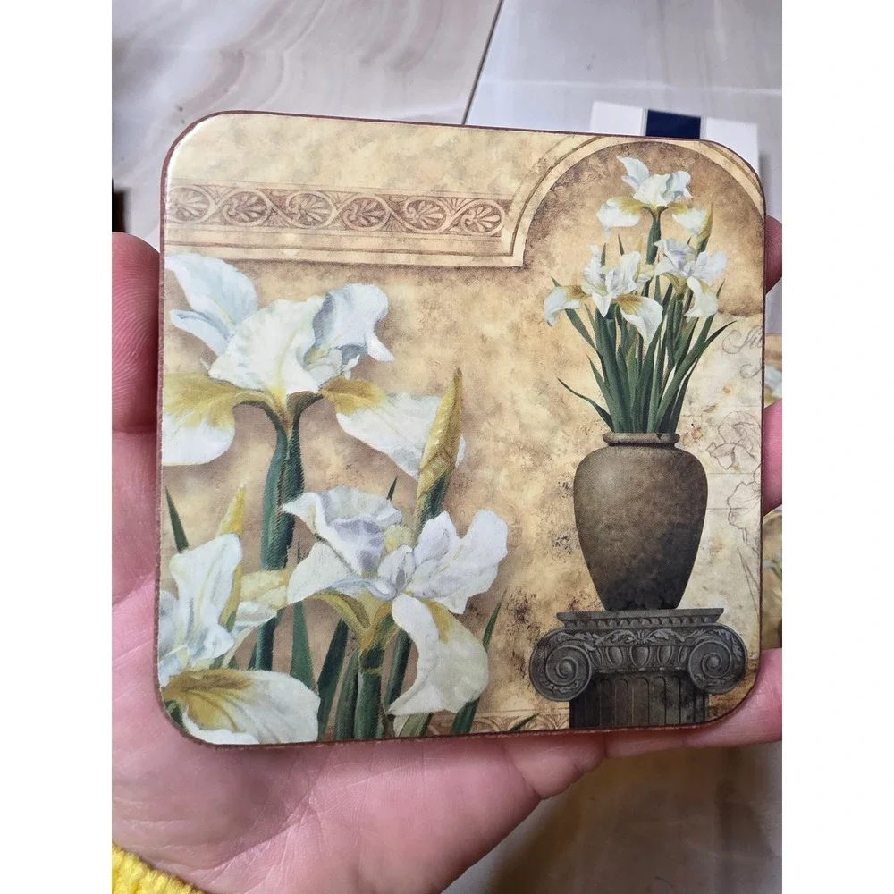 Pimpernel Coasters Set of 5 White Iris Floral Cork Back Made in‎ England E2
